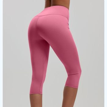Pink XL Size Women's High Waist 3/4 Yoga Leggings - Peach Hip Lift Design, Breathable Stretch Fabric for Gym Running and Daily Wear