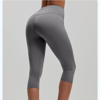 Grey M Size Women's High Waist 3/4 Yoga Leggings - Peach Hip Lift Design, Breathable Stretch Fabric for Gym Running and Daily Wear