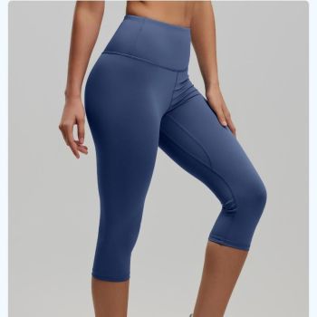 Blue S Size Women's High Waist 3/4 Yoga Leggings - Peach Hip Lift Design, Breathable Stretch Fabric for Gym Running and Daily Wear