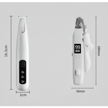 Black Paw Hair Trimmer and White Pet Nail Clipper Set USB Rechargeable Dog Cat Grooming Kit LED Display Low Noise Paw Shaver Nail Grinder 2 in 1 Pet Beauty Tool