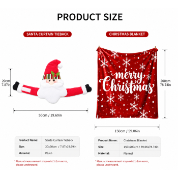 Christmas Flannel Throw Blanket and Santa Curtain Tieback Set, 150x200cm Thick Fleece Sofa Blanket with 2 Plush Santa Velcro Curtain Holders for Holiday Home Decor