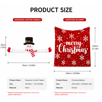 Christmas Flannel Throw Blanket and Snowman Curtain Tieback Set, 150*130cm Thick Fleece Sofa Blanket with 2 Plush Snowman Velcro Curtain Holders for Holiday Home Decor
