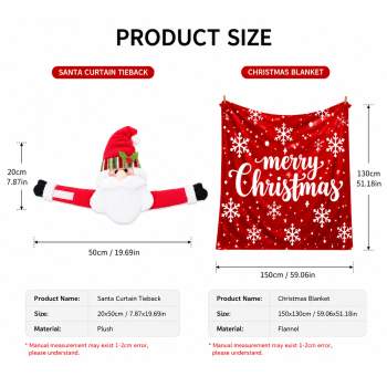 Christmas Flannel Throw Blanket and Santa Curtain Tieback Set, 150*130cm Thick Fleece Sofa Blanket with 2 Plush Santa Velcro Curtain Holders for Holiday Home Decor