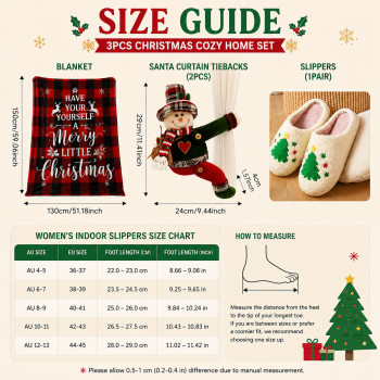 Christmas Home Comfort Set with Flannel Throw Blanket 130x150cm, Plush Indoor Slippers AU 10-11 and Snowman Curtain Tiebacks Set of 2, Festive Holiday Gift Bundle