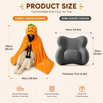 Carrot Hooded Blanket with Sakura Pink Memory Foam Lumbar Support Pillow, Cozy Wearable Throw Blanket and Ergonomic Back Cushion Set for Office, Home, Study and Relaxation