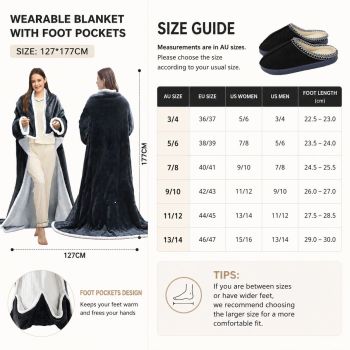 Wearable Electric Heated Blanket with Foot Pocket 127x177cm and Suede Fleece Slippers Set AU 9-10, Winter Warm Home Comfort Bundle