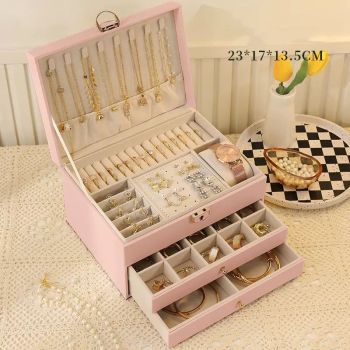 Pink Large Lockable Jewellery Box with 3 Drawers PU Leather Jewellery Organiser Case for Rings Earrings Necklaces Watches and Bracelets