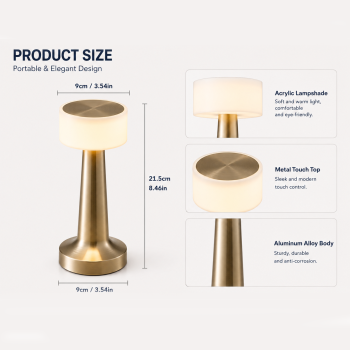 Copper Rechargeable Acrylic Shade UFO Table Lamp Touch Control LED Bedside Night Light, Cordless Ambient Desk Lamp for Bedroom Living Room Camping