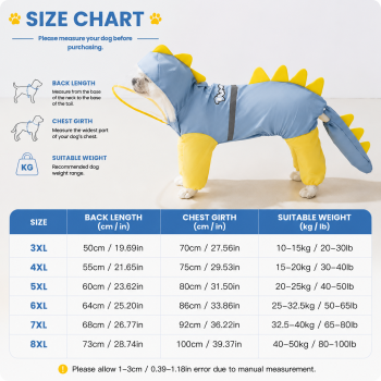 Blue Dog Raincoat Dinosaur Hooded Waterproof Jacket 6XL Size with Leash Hole Removable Tail Cover Full Body Coverage Pet Rain Coat for Outdoor Walking Large Dogs
