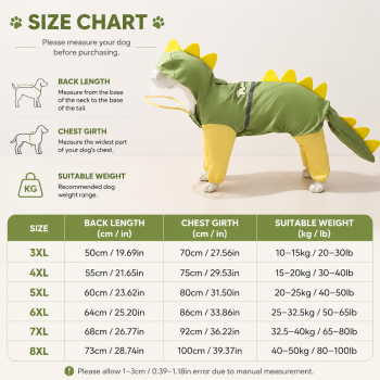 Green Dog Raincoat Dinosaur Hooded Waterproof Jacket 5XL Size with Leash Hole Removable Tail Cover Full Body Coverage Pet Rain Coat for Outdoor Walking Large Dogs