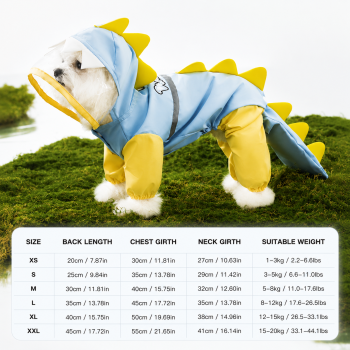 Blue Size L Waterproof Dinosaur Dog Raincoat with Harness Hole Full Body Pet Rain Jacket for Small Dogs Tail Cover Lightweight Outdoor Walking