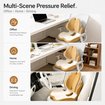 Black Ergonomic Memory Foam Seat Cushion with Lumbar Support - Integrated Backrest Design, Breathable Hollow Core for Office and Car Use