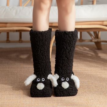 Cute Animal Plush Floor Socks - Black Puppy Thickened Coral Fleece Non-Slip Indoor Winter Warm Sleep Socks with Non-Slip Dots, Comfortable for Home Use