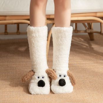 Cute Animal Plush Floor Socks - White Puppy Thickened Coral Fleece Non-Slip Indoor Winter Warm Sleep Socks with Non-Slip Dots, Comfortable for Home Use