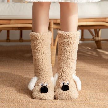 Cute Animal Plush Floor Socks - Light coffee Puppy Thickened Coral Fleece Non-Slip Indoor Winter Warm Sleep Socks with Non-Slip Dots, Comfortable for Home Use