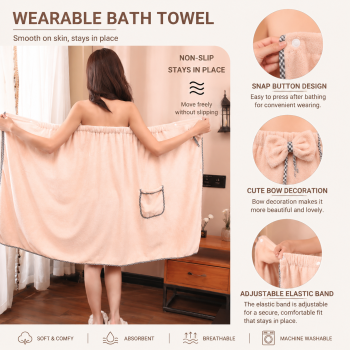 Peach Women's Coral Fleece Wearable Bath Towel Wrap - 80x140cm With Elastic Band, Snap Button and Pocket for Home Spa Travel