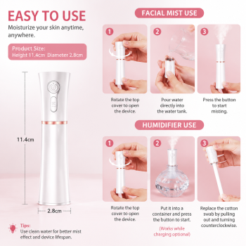 White 2 in 1 Portable Facial Mist Humidifier Nano Mist Sprayer Hydration Device USB Rechargeable Skin Moisturising Sprayer for Home Office Travel Beauty Skincare