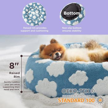 Small Medium Pet Donut Bed-50cm outer diameter, Soft Plush Round Dog Bed and Cat Bed with Raised Rim, Cozy Calming Pet Sleeping Cushion, Blue Cloud Pattern Washable Pet Bed for Small Medium Dogs Cats Puppies and Kittens