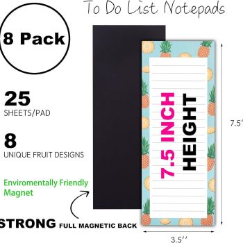 8 Pack Fruit Magnetic Notepads for Fridge(Type A), Cute Shopping List Planner Memo Pads with 25 Sheets Each, Tear Off Weekly To Do List Notes for Home Kitchen Office School Organisation and Daily Reminders