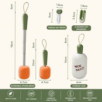 Green Portable 3-in-1 Cup Cleaning Brush Set with 3 Replacement Sponge Heads – Retractable Long Handle Bottle Brush for Travel Mugs, Coffee Cups, Water Bottles, Tumblers,Camping, Office & Home Use