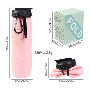 Pink Collapsible Silicone Water Bottle - 650ml Foldable Travel Bottle with Straw Lid, Food Grade Silicone Hiking Flask, Leak Resistant Portable Water Bottle for Outdoor Sports Fitness Cycling