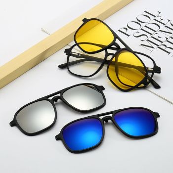 7-in-1 Magnetic Clip-On Sunglasses Set with Flexible Frame and Leather Bag - Unisex Double Bridge Aviator Eyeglasses and 5 Pairs of Polarized / Night Vision Lenses (2333 Style)