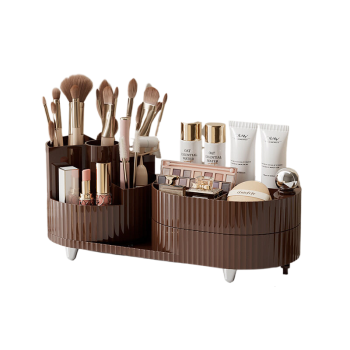 Rotating cosmetics storage box, two-layer milk tea brown