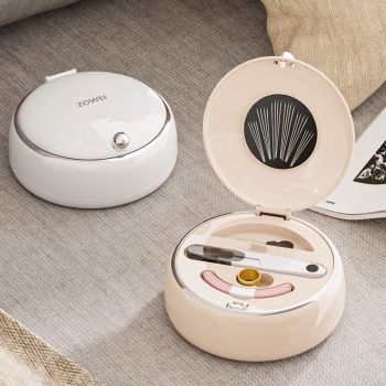 Beige Magnetic Sewing Kit - Portable Round Case with 20 Needles, 15 Thread Spools, Scissors, Thimble, Tape Measure for Home Dorm Travel Repairs