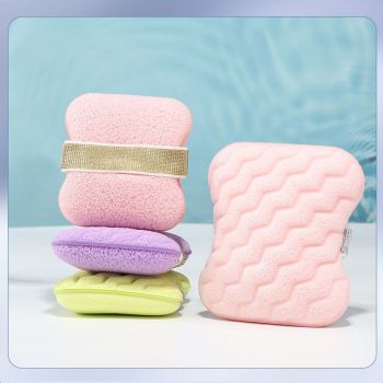 1PCS Pink gold straps Soap Bag with Sponge Puff - Thickened Wave Texture Foam Maker with Elastic Strap for Face Wash Body Cleansing and Makeup Removal