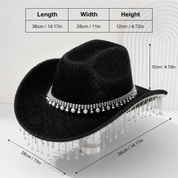 Blue Rhinestone Fringe Cowboy Hat - Sparkling Western Party Hat with Round Gemstone Band and Crystal Tassel Fringe for Festivals, Carnival, Dance and Stage Performance
