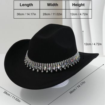 Rhinestone Cowboy Hat - Black Western Hat with Iridescent Gemstone Fringe Band, Wide Curved Brim for Weddings, Parties, Festivals and Stage Outfits