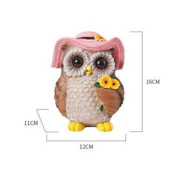 Pink Decorative Owl Figurine - Hand-Painted Resin Owl with Hat and Flower Basket, 16cm Ornament for Garden, Balcony, Living Room, Study, Desk and Shelf Decor