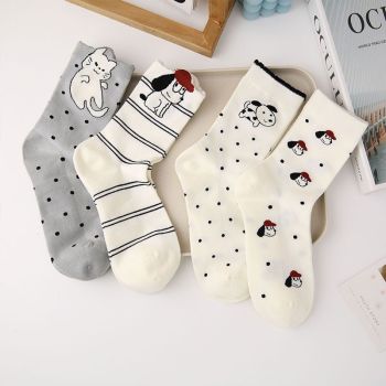 4 Pairs Women's Cartoon Animal Crew Socks (All-over dog head print)- Lightweight Breathable Mid-Calf Cotton Socks for Spring Summer, Casual Everyday Wear and Sneakers