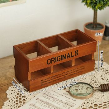Vintage Desk Organiser - 3-Compartment Pen and Stationery Holder, Rustic Desktop Storage Box for Office, Study, Makeup Brushes and Small Accessories