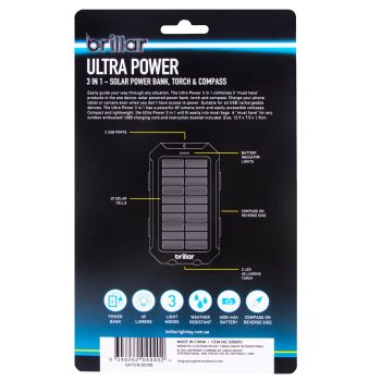 Brillar Ultra Power 3 In 1 4000mAh Solar Powerbank, Torch & Compass