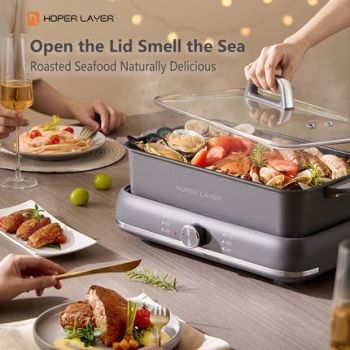 HOPER LAYER Electric Hot Pot 6L – Multifunctional Nonstick Cooker with Grill, Boil, Simmer & Fry Modes 2000W Power, Square Removable Pot