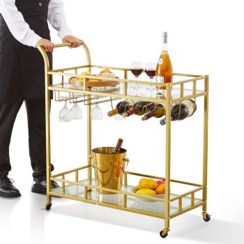 VEVOR 2 Tiers Gold Metal Bar Serving Cart with Wine Rack Glass Holder 120 LBS