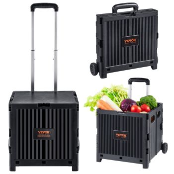 VEVOR Foldable Utility Cart, 36 kg Load Capacity, Folding Portable Rolling Crate Handcart with Durable Heavy Duty Telescoping Handle and 2 Wheels for Travel Shopping Moving Luggage Office Use, Black