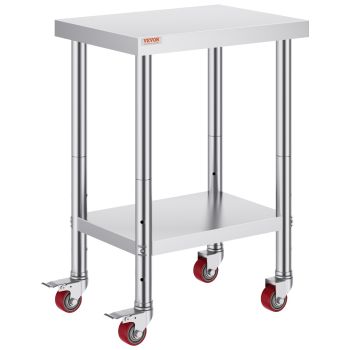 VEVOR 24x18x34 Inch Stainless Steel Work Table 3-Stage Adjustable Shelf with 4 Wheels Heavy Duty Commercial Food Prep Worktable with Brake for Kitchen Prep Work