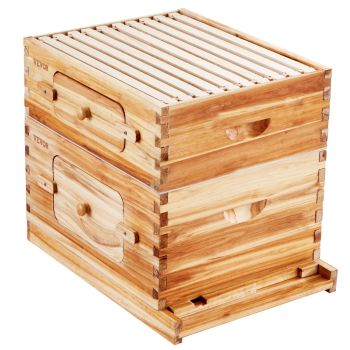 VEVOR Bee Hive 20 Frame Bee Hives Starter Kit, Beeswax Coated Cedar Wood, 1 Deep + 1 Medium Bee Boxes Langstroth Beehive Kit, Transparent Acrylic Windows with Foundations for Beginners Pro Beekeepers