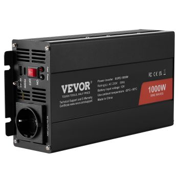 VEVOR Pure Sine Wave Inverter, 1000 Watt, DC 12V to AC 230V Power Inverter with 2 AC Outlets 2 USB Port 1 Type-C Port, Remote Control for Small Home Devices like Smartphone Laptop, CE FCC Certified