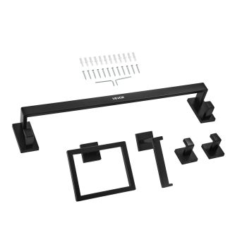 VEVOR Matte Black Bathroom Hardware Set, 5 Pieces Stainless Steel Bathroom Accessories Set, 24-inch Towel Bar, Towel Rack, 2 Robe Towel Hooks, Toilet Paper Holder, for Bath Room, Wall Mounted