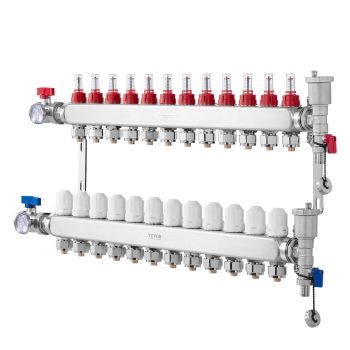 VEVOR 12-Branch Radiant Heat Manifold, 1/2" PEX Tubing Manifold, Stainless Steel PEX Manifold for Hydronic Radiant Floor Heating, Radiant Heat PEX Manifold Kit with 1/2" Adapters Included