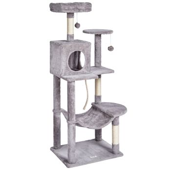 VEVOR Cat Tree 143 cm Cat Tower with Cat Condo Sisal Scratching Post Light Grey