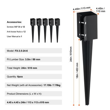 VEVOR Fence Post Anchor Ground Spike 6 Pack 24 x 4 x 4 In Metal Fence Stakes