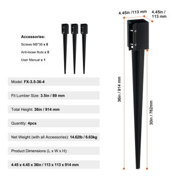 VEVOR Fence Post Anchor Ground Spike 4 Pack 36 x 4 x 4 In Metal Fence Stakes