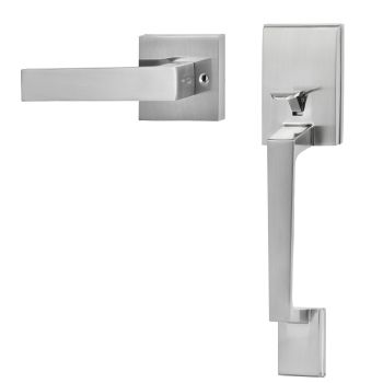 VEVOR Entry Door Handle, Satin Nickel Square Handle Set with Lever Door Handle No Lock, Adjustable Hole Space, Front Door Handle with Reversible for Right and Left Handed Entrance and Front Door