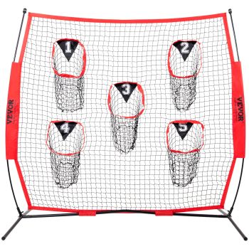 VEVOR 8 x 8 ft Football Trainer Throwing Net, Training Throwing Target Practice Net with 5 Target Pockets, Knotless Net Includes Bow Frame and Portable Carry Case, Improve QB Throwing Accuracy, Red