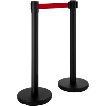 VEVOR Stanchion Post Barriers 4-Set Line Dividers, Stainless Steel Stanchions with 6.6 Black Retractable Belts, Stanchions with One Sign Frame, 34.6 Queue Safety Stanchions (Balck)
