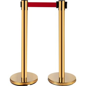 VEVOR Stanchion Post Barriers 6-Set Line Dividers, Stainless Steel Stanchions with 6.6 Red Retractable Belts, Stanchions with One Sign Frame, 34.6 Queue Safety Stanchions (Gold)